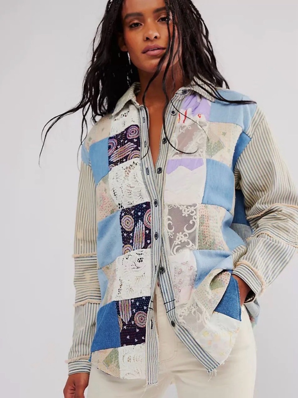Free People x Tricia Fix Patchwork Craft Shirt Denim Lace Railroad Stripe XS/S - Picture 3 of 4